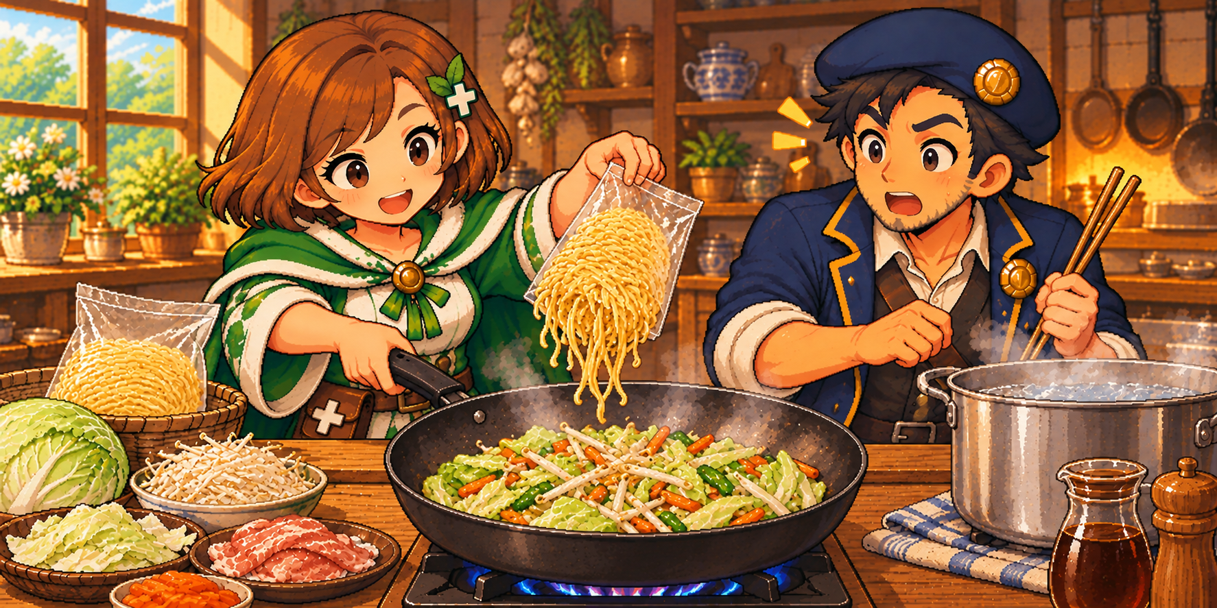 蒸し中華麺（焼きそば麺）の食材紹介イラスト